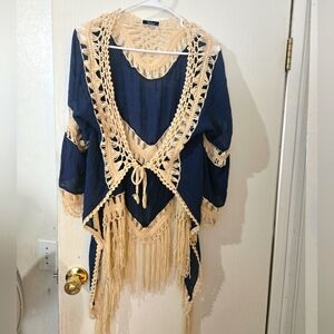XL Vivid Cream And Navy Crochet Cover-Up